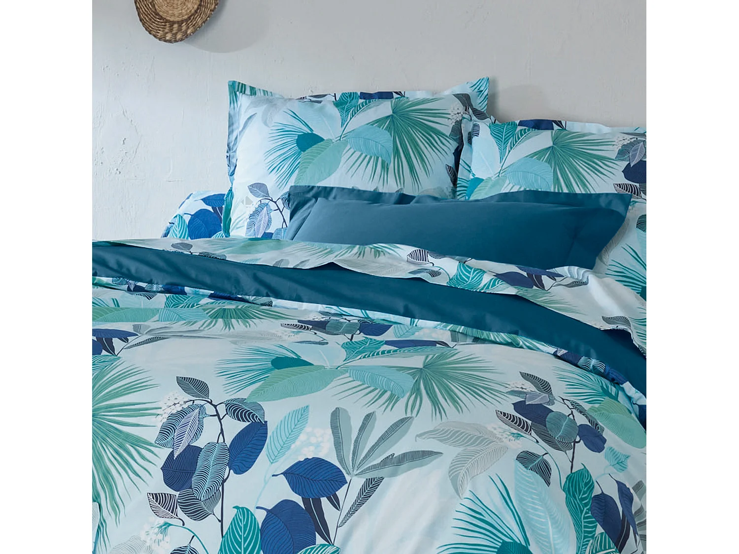 Parure de lit 200x200 cm taies 65x65 cm percale de coton MOOREA PACIFIC bleu/vert 3 pièces