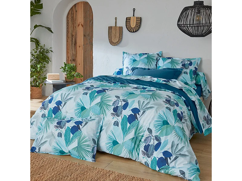 Parure de lit 200x200 cm taies 65x65 cm percale de coton MOOREA PACIFIC bleu/vert 3 pièces