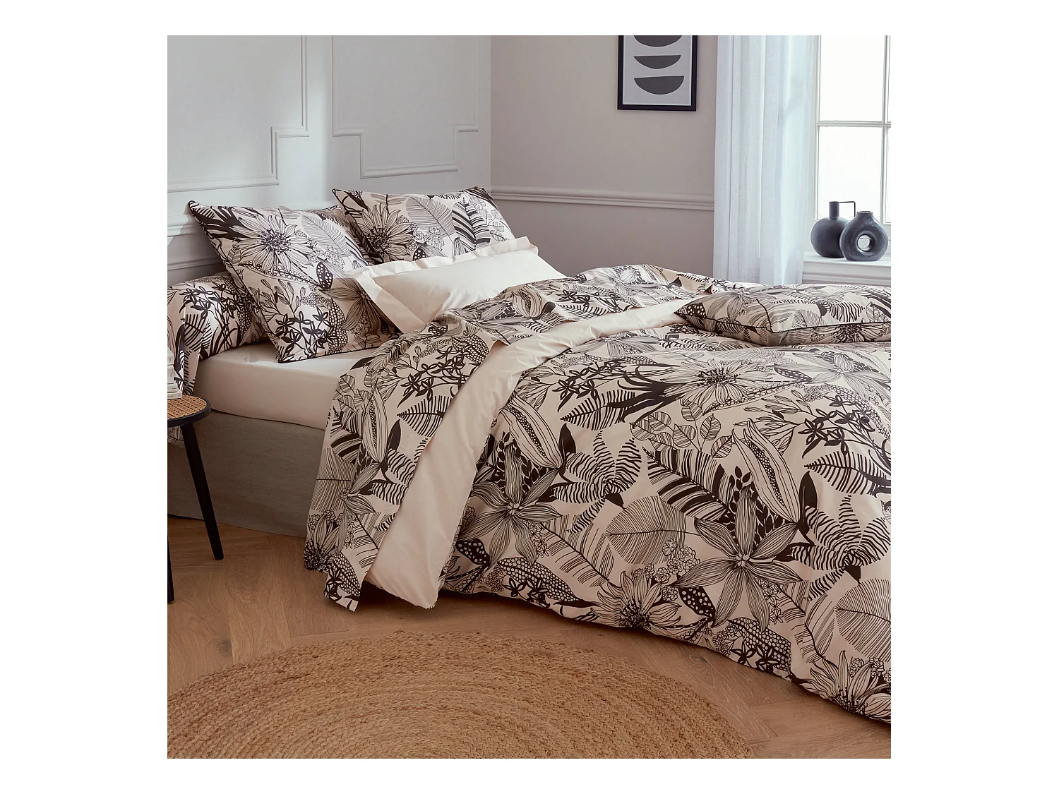 Parure de lit 260x240 cm taies 65x65 cm percale de coton ALBA beige/noir 3 pièces