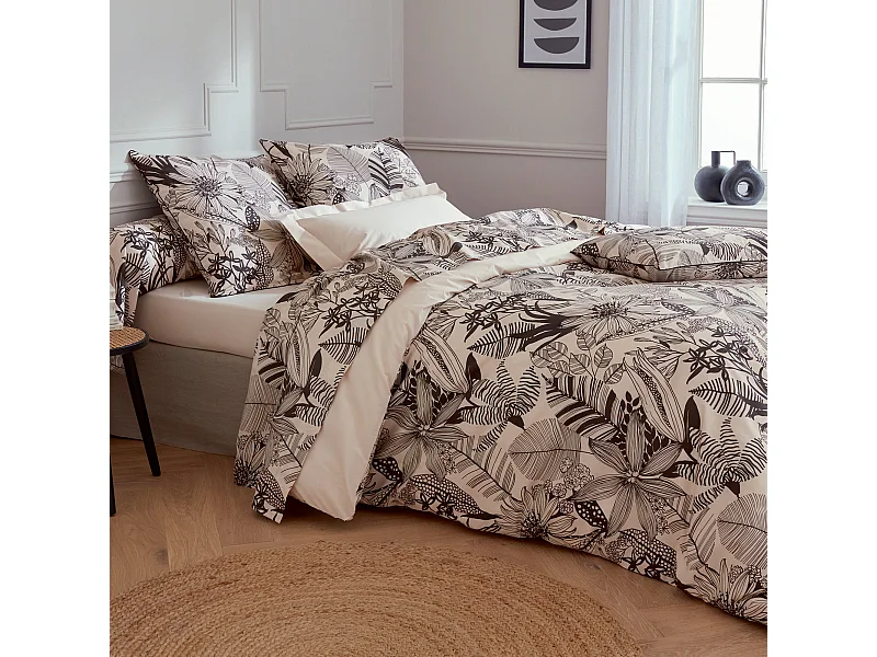 Parure de lit 260x240 cm taies 65x65 cm percale de coton ALBA beige/noir 3 pièces