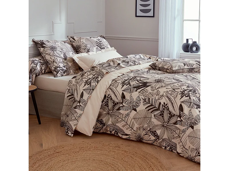 Parure de lit 280x240 cm taies 65x65 cm percale de coton ALBA beige/noir 3 pièces