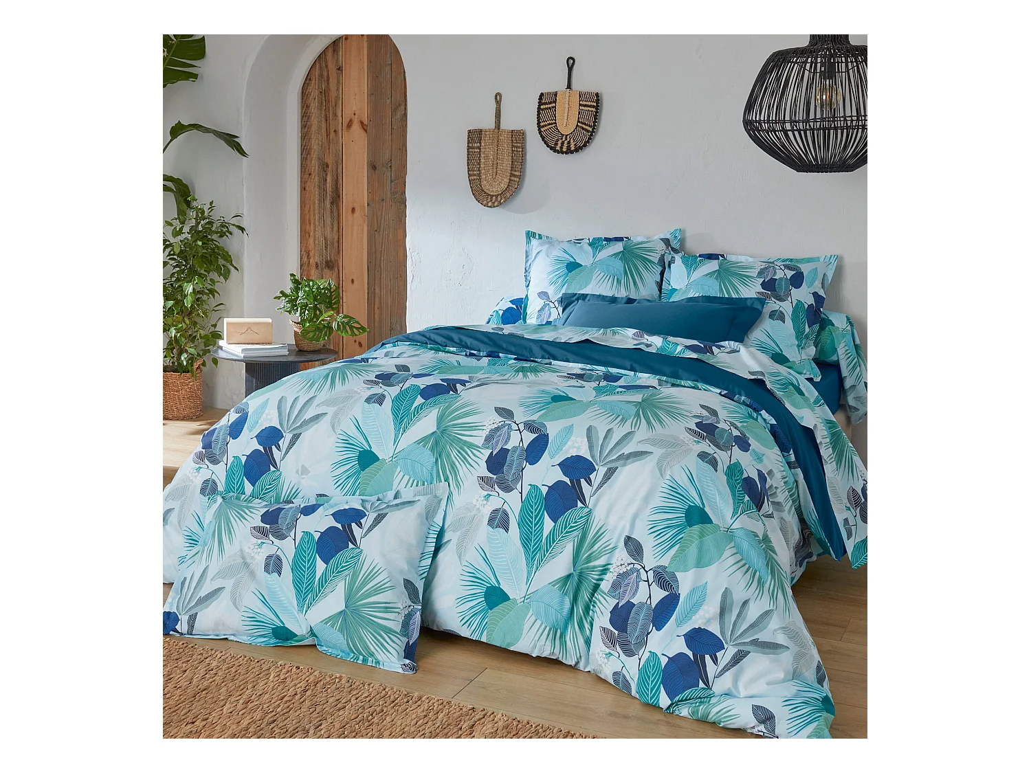 Parure de lit 280x240 cm taies 50x70 cm percale de coton MOOREA PACIFIC bleu/vert 3 pièces