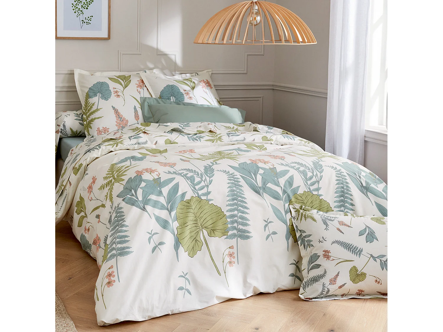 Parure de lit 200x200 cm 50x70 cm percale de coton FÉERIE Blanc sauge