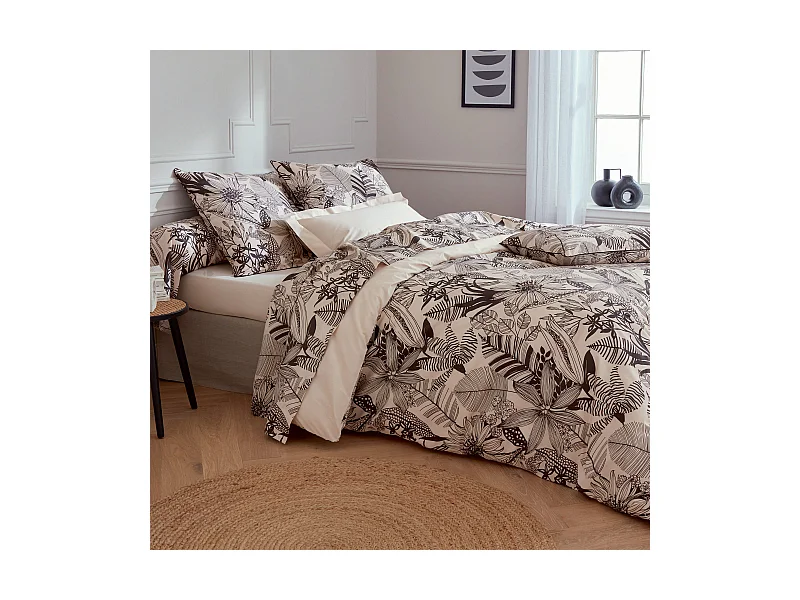 Parure de lit 140x200 cm taie 65x65 cm percale de coton ALBA beige/noir 2 pièces