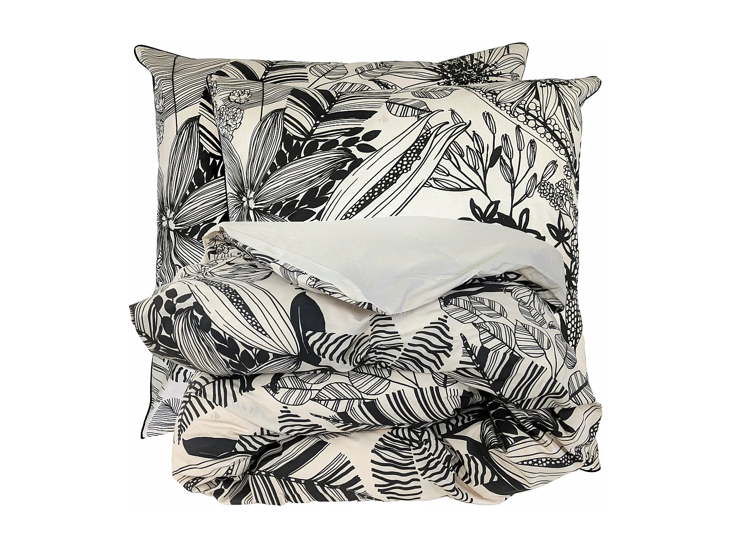 Parure de lit 200x200 cm taies 65x65 cm percale de coton ALBA beige/noir 3 pièces