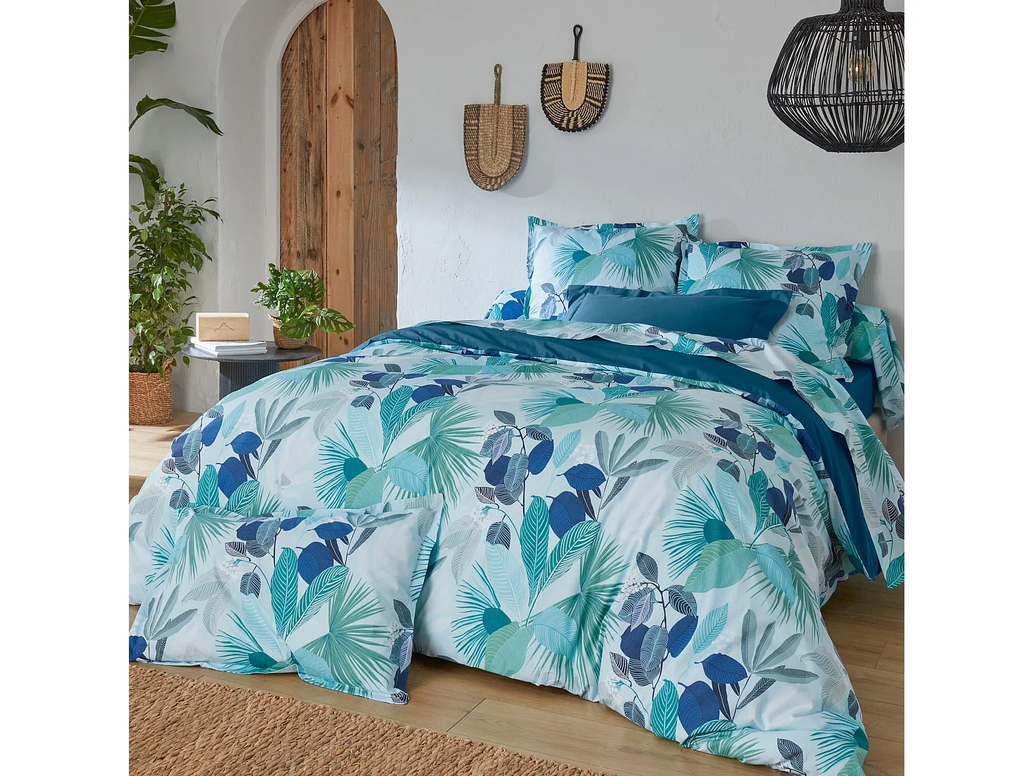Parure de lit 280x240 cm taies 65x65 cm percale de coton MOOREA PACIFIC bleu/vert 3 pièces