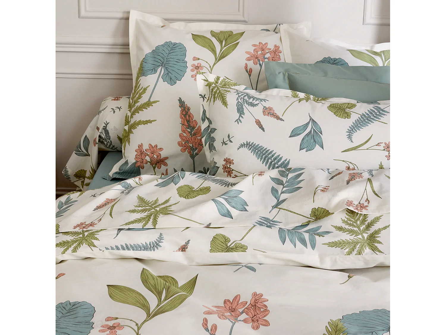 Parure de lit 240x220 cm 50x70 cm percale de coton FÉERIE Blanc sauge