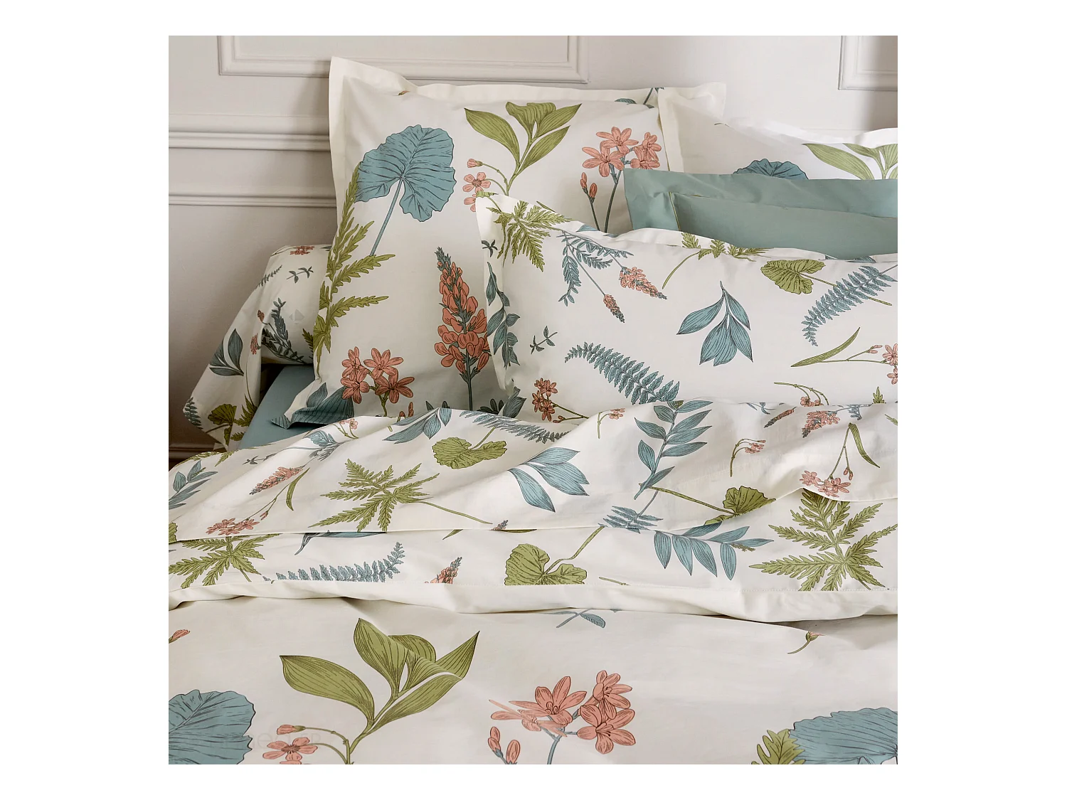 Parure de lit 280x240 cm 50x70 cm percale de coton FÉERIE Blanc sauge