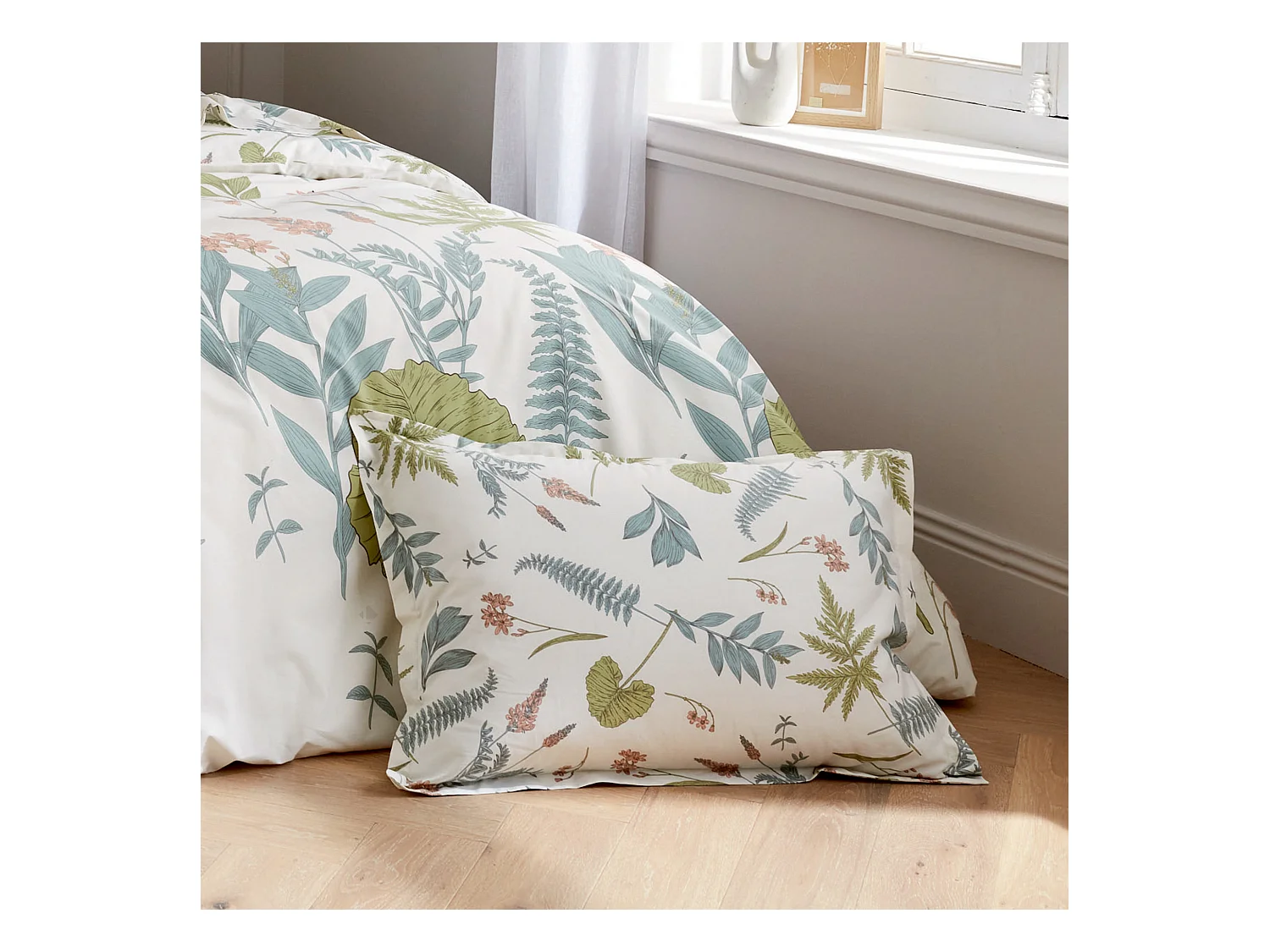 Parure de lit 280x240 cm 50x70 cm percale de coton FÉERIE Blanc sauge