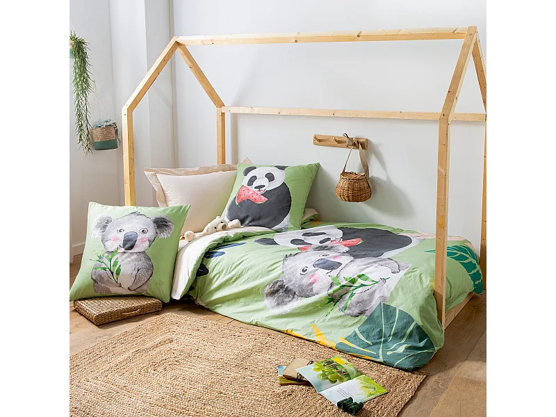 Parure de lit 200x200 cm 65x65 cm percale de coton PANDA vert 3 pièces