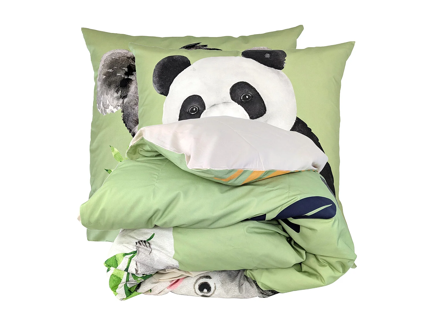 Parure de lit 200x200 cm 65x65 cm percale de coton PANDA vert 3 pièces