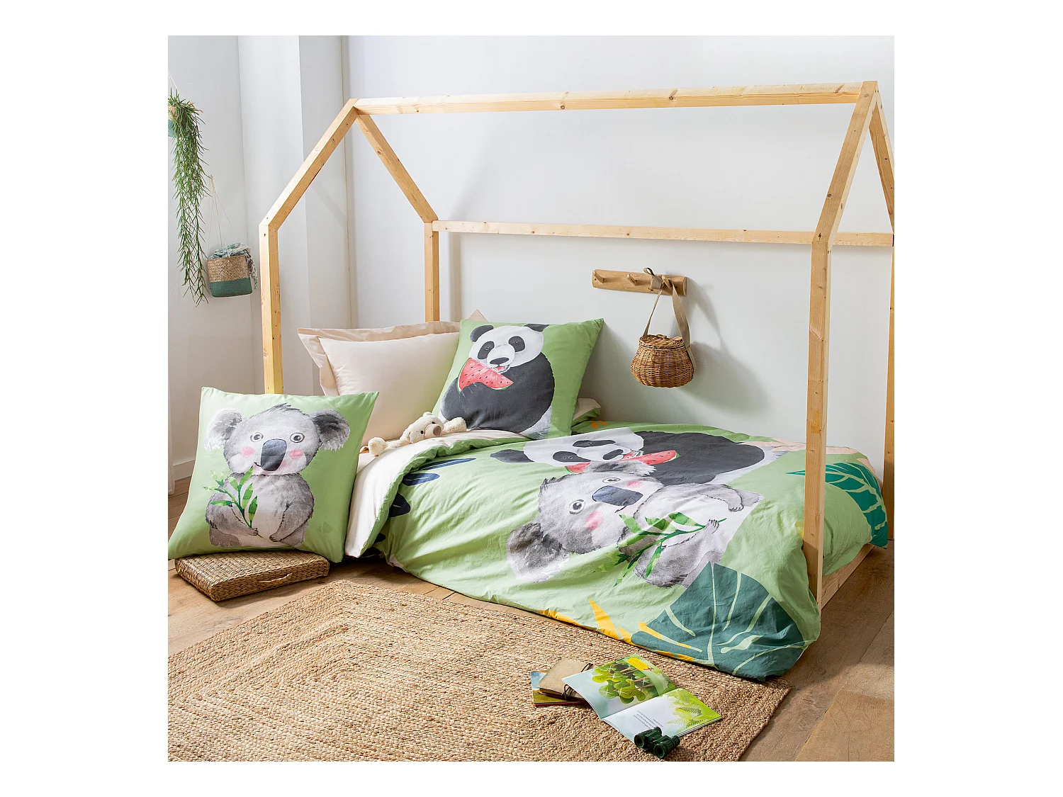 Parure de lit 200x200 cm 65x65 cm percale de coton PANDA vert 3 pièces