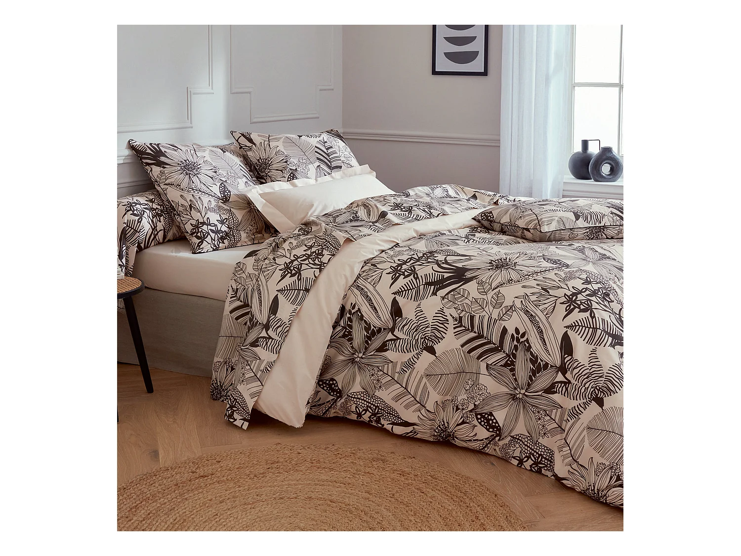 Parure de lit 280x240 cm taies 50x70 cm percale de coton ALBA beige/noir 3 pièces
