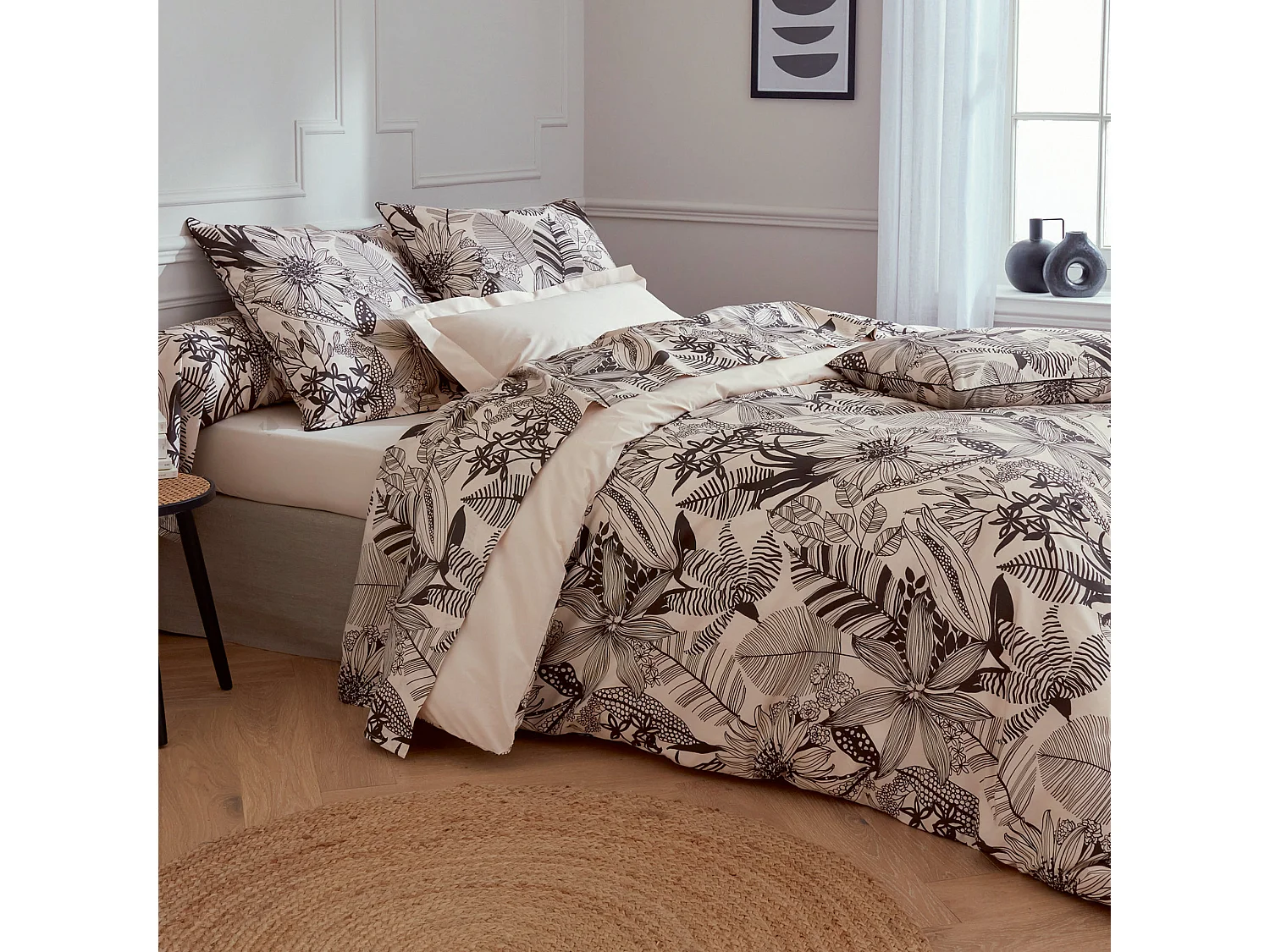 Parure de lit 260x240 cm taies 50x70 cm percale de coton ALBA beige/noir 3 pièces