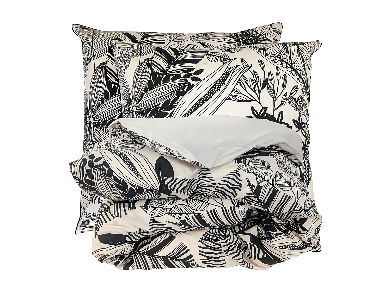 Parure de lit 240x220 cm taies 65x65 cm percale de coton ALBA beige/noir 3 pièces