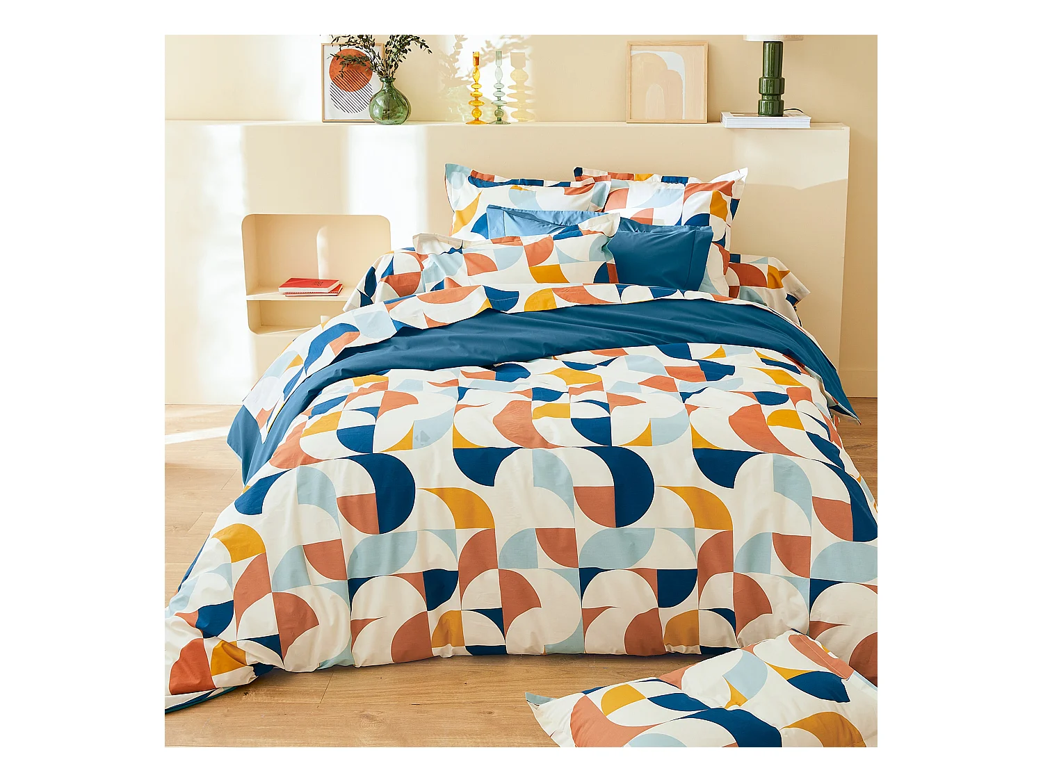 Parure 300x240 cm 50x70 cm percale MODULO bleu cobalt 3 pièces