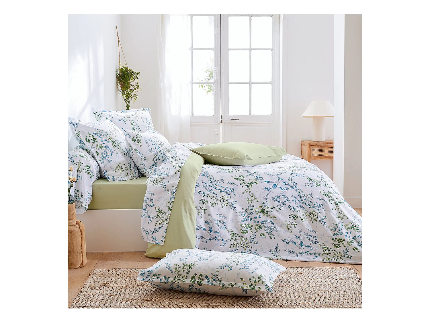 Parure de lit 140x200 cm satin de coton ANGÈLE vert tilleul 2 pièces