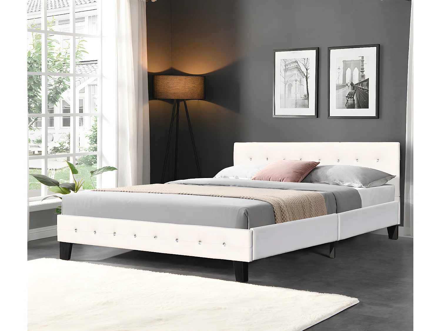 Lit 160x200 cm avec Tête de Lit Capitonnée Blanc, Pieds 10 cm, 13 Lattes, Simili PVC, Montage Facile