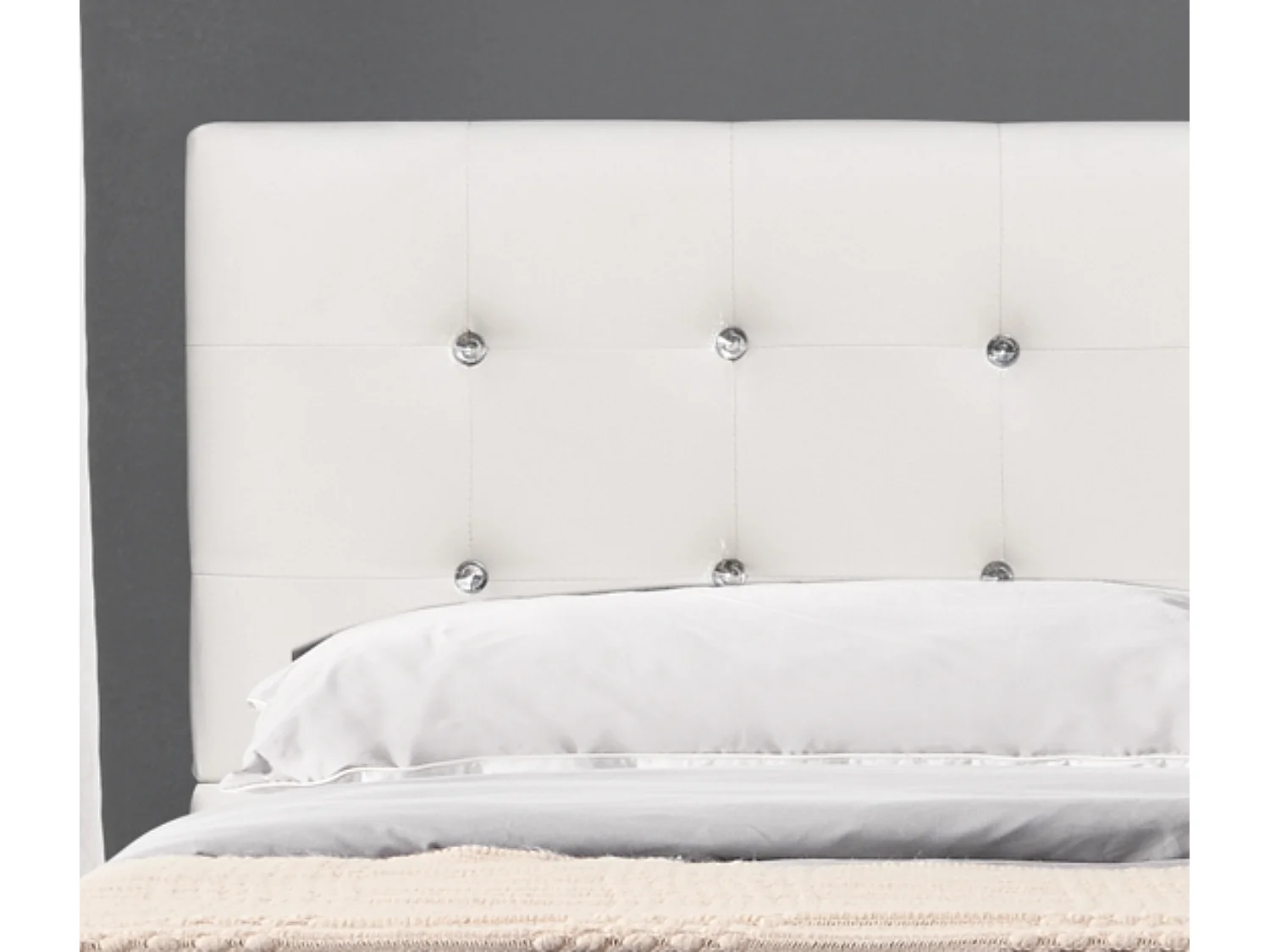 Lit 140x200 cm avec sommier, tête de lit capitonnée blanche, 13 lattes, pieds 10 cm,