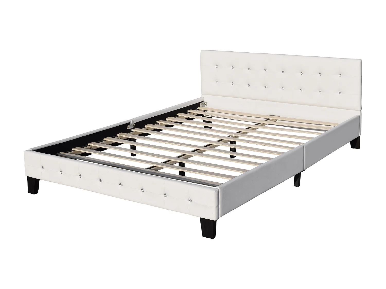 Lit 140x200 cm avec sommier, tête de lit capitonnée blanche, 13 lattes, pieds 10 cm,