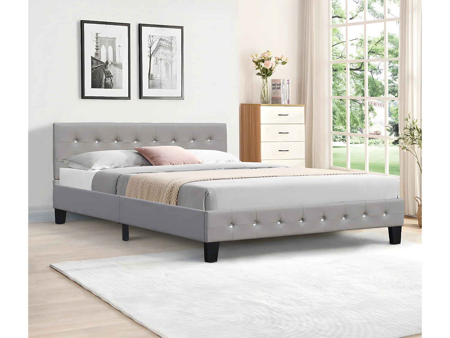 Lit 140x200 cm avec sommier, tête de lit capitonnée gris, pieds 10 cm, 13 lattes, revêtement PVC