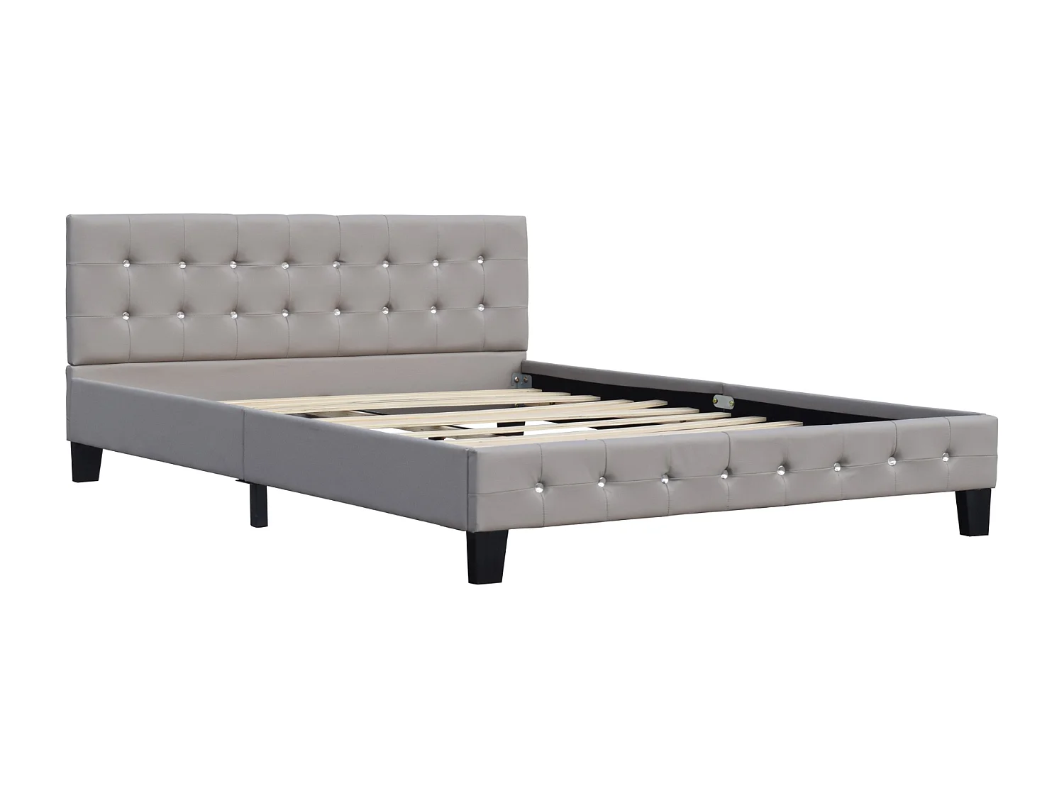 Lit 140x200 cm avec sommier, tête de lit capitonnée gris, pieds 10 cm, 13 lattes, revêtement PVC