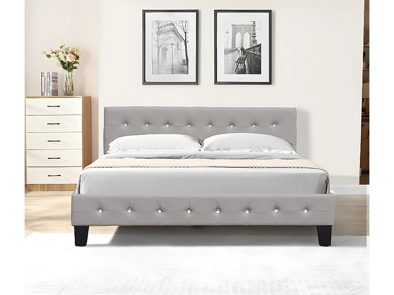 Lit 140x200 cm avec sommier, tête de lit capitonnée gris, pieds 10 cm, 13 lattes, revêtement PVC