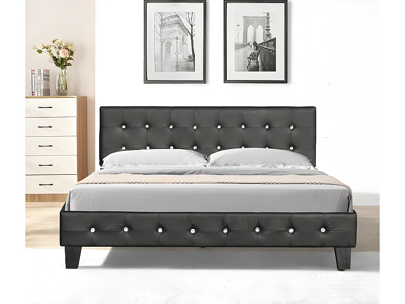 Lit 140x200 cm avec Sommier et Tête de Lit Capitonnée Noir, Pieds 10 cm, 13 Lattes, PVC Simili