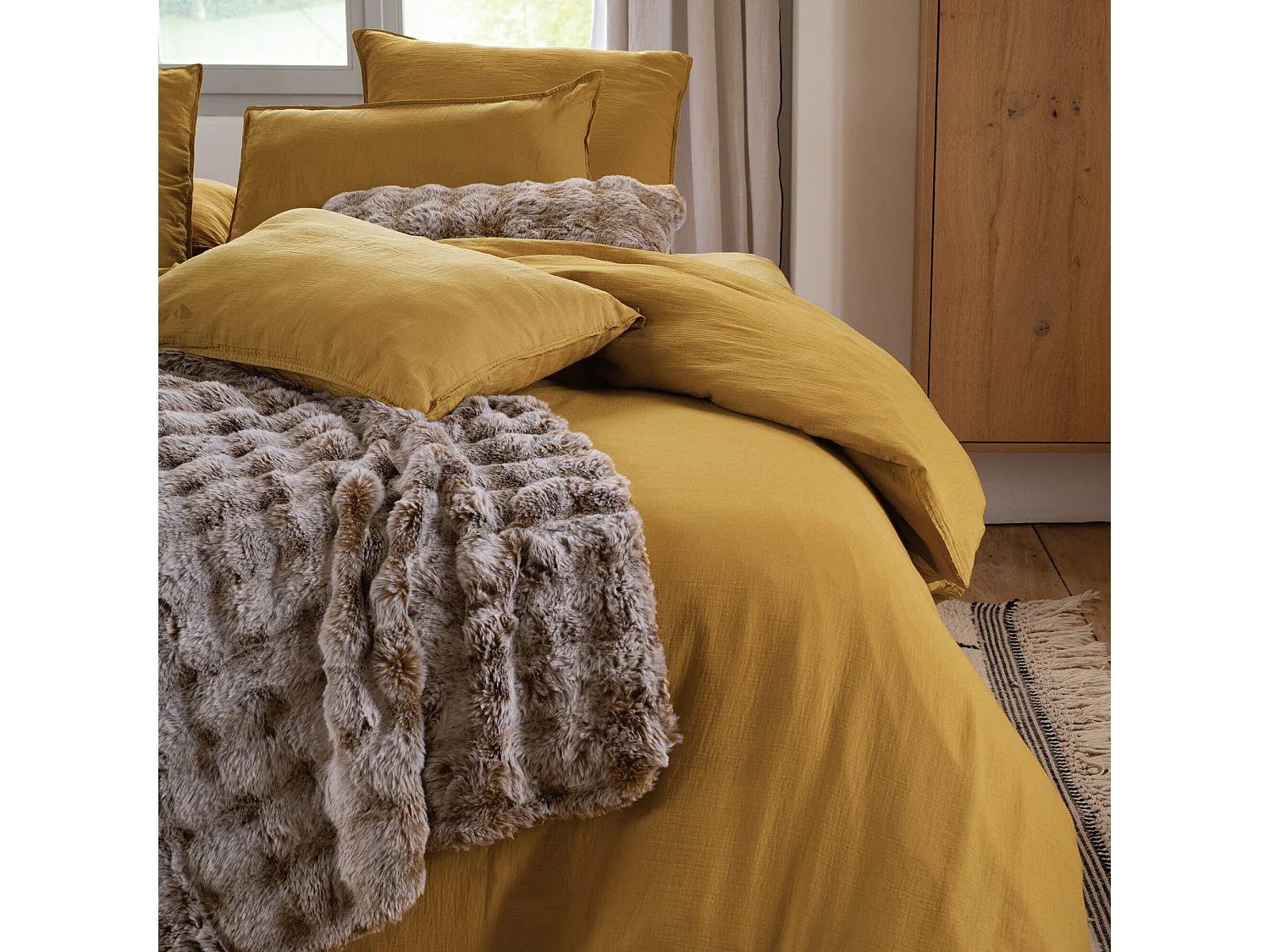 Taie d'oreiller 65x65 cm mousseline de coton MILOS jaune curry