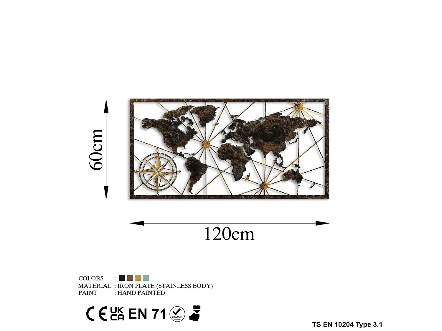 Accesorio decorativo de pared de metal – 120 cm x 60 cm – pintado a mano