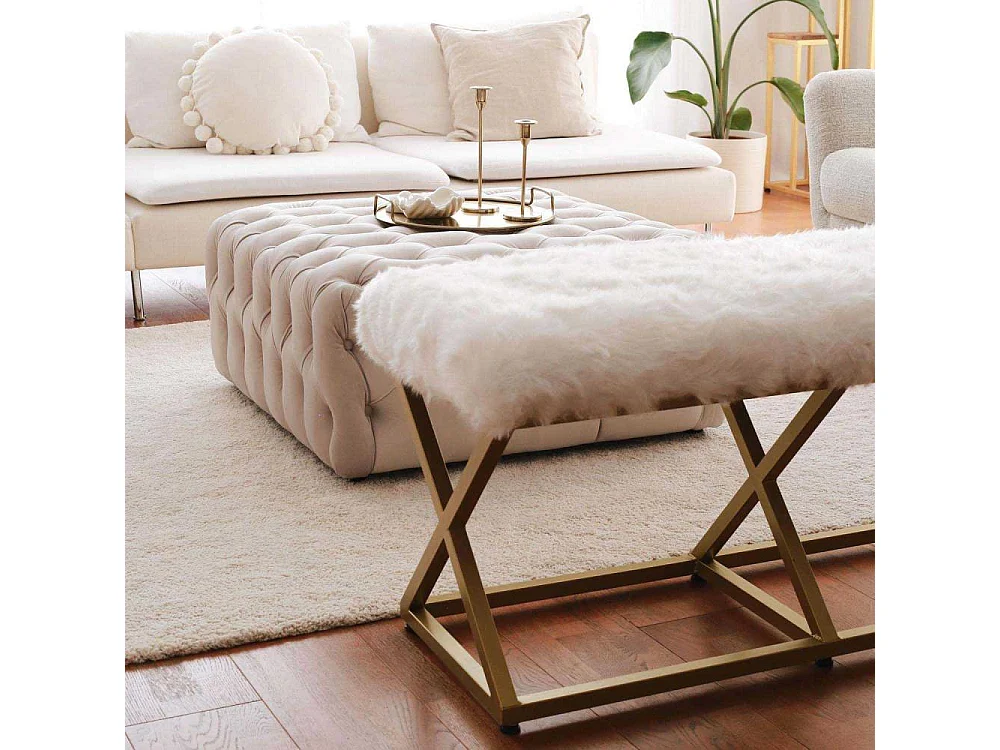 banquette style industriel Lemed L100cm Métal Or et Tissu peluche Blanc