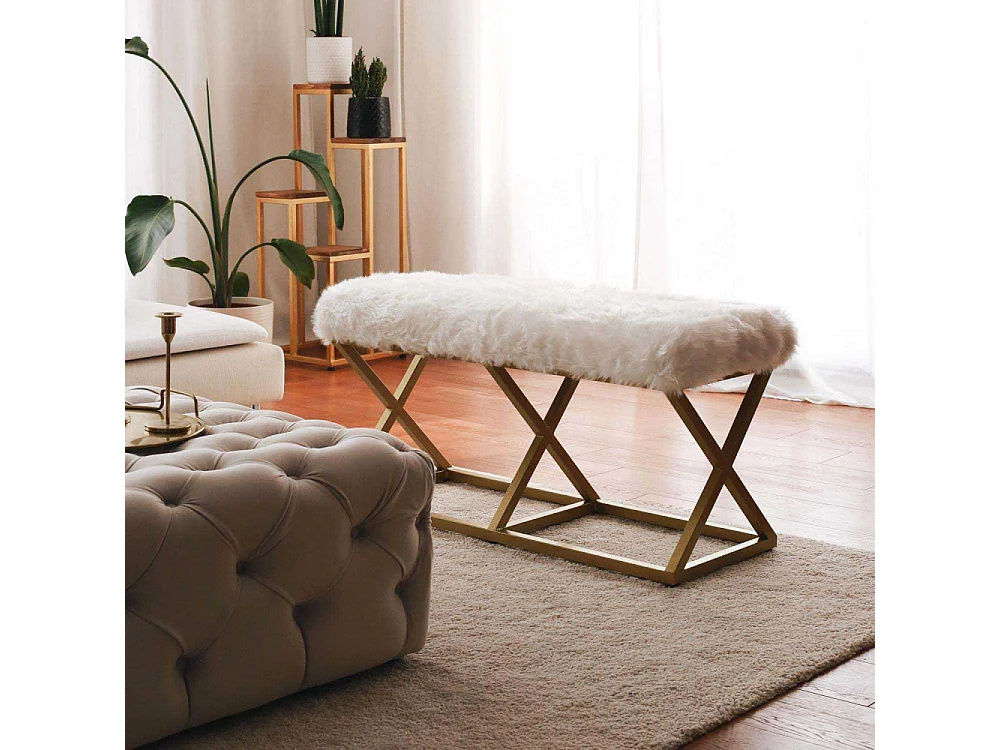 banquette style industriel Lemed L100cm Métal Or et Tissu peluche Blanc