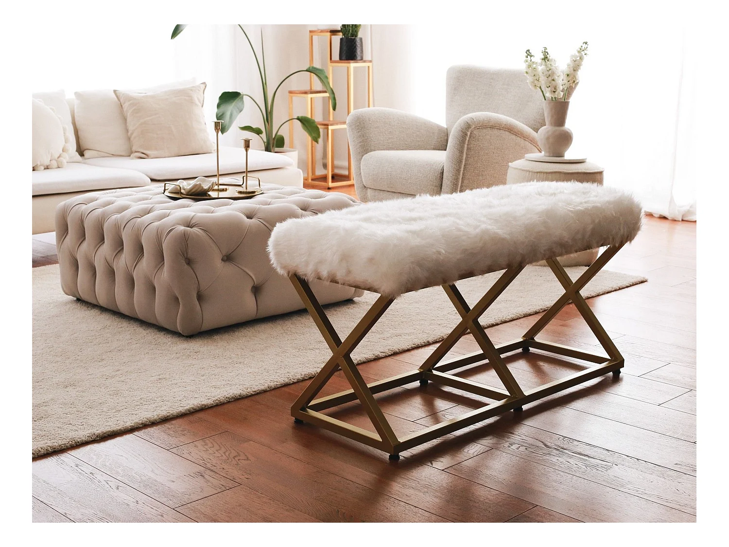 banquette style industriel Lemed L100cm Métal Or et Tissu peluche Blanc
