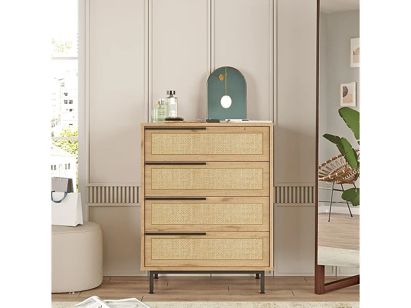 Commode 4 tiroirs Evelis L75cm Bois et Rotin clair