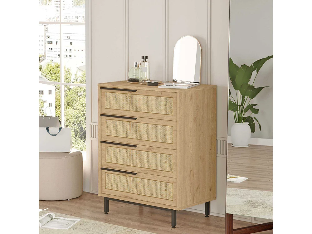 Commode 4 tiroirs Evelis L75cm Bois et Rotin clair