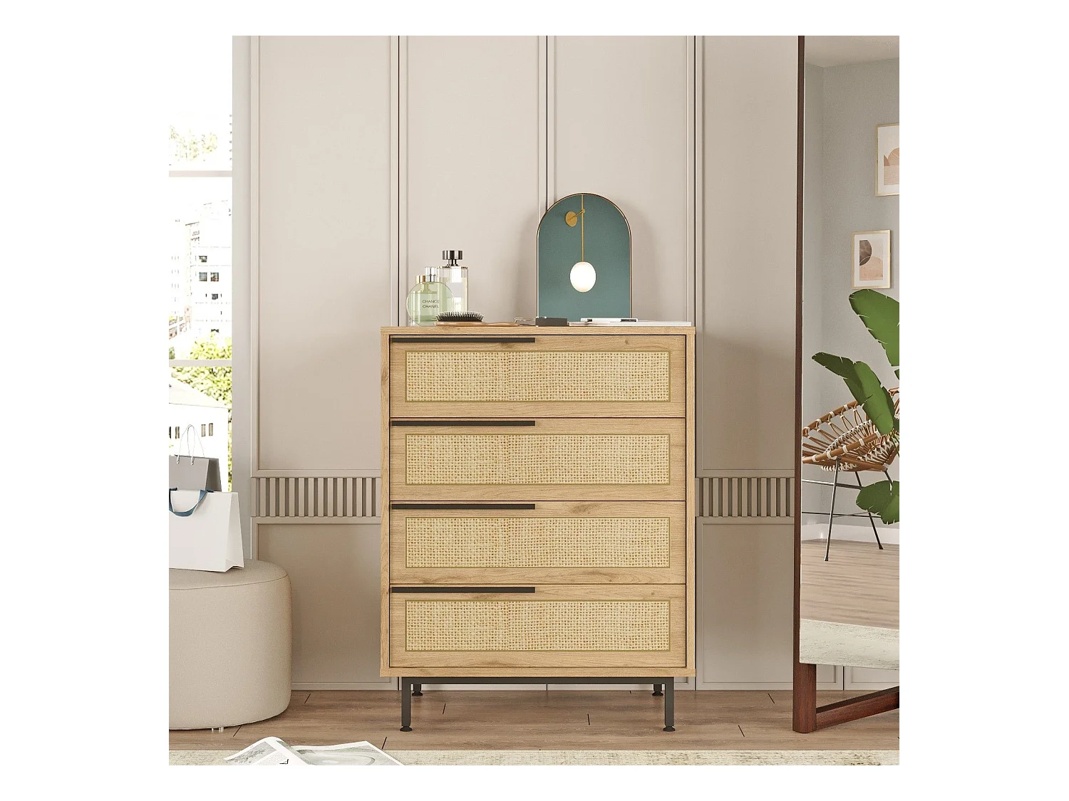 Commode 4 tiroirs Evelis L75cm Bois et Rotin clair