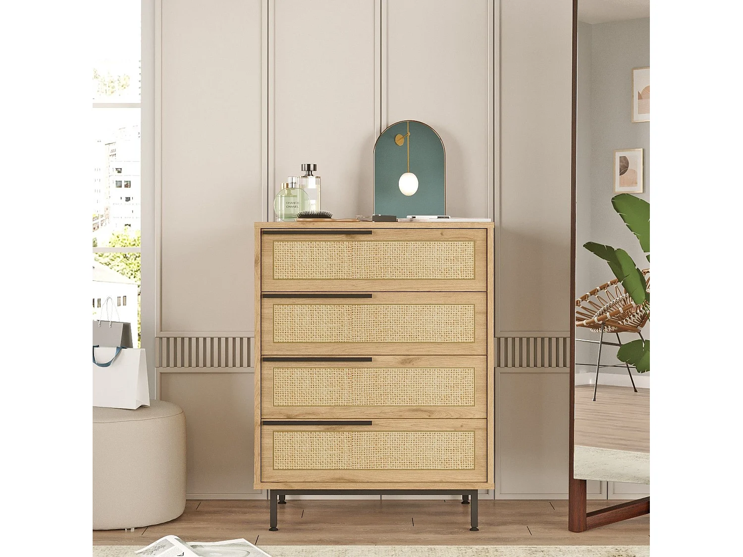 Zenax 75 cm ladekast van hout en rotan met 4 laden-Kleur Natuurlijk