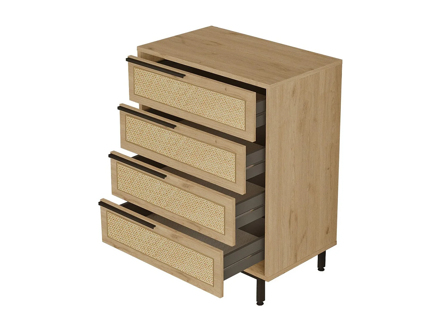 Zenax 75 cm ladekast van hout en rotan met 4 laden-Kleur Licht eiken