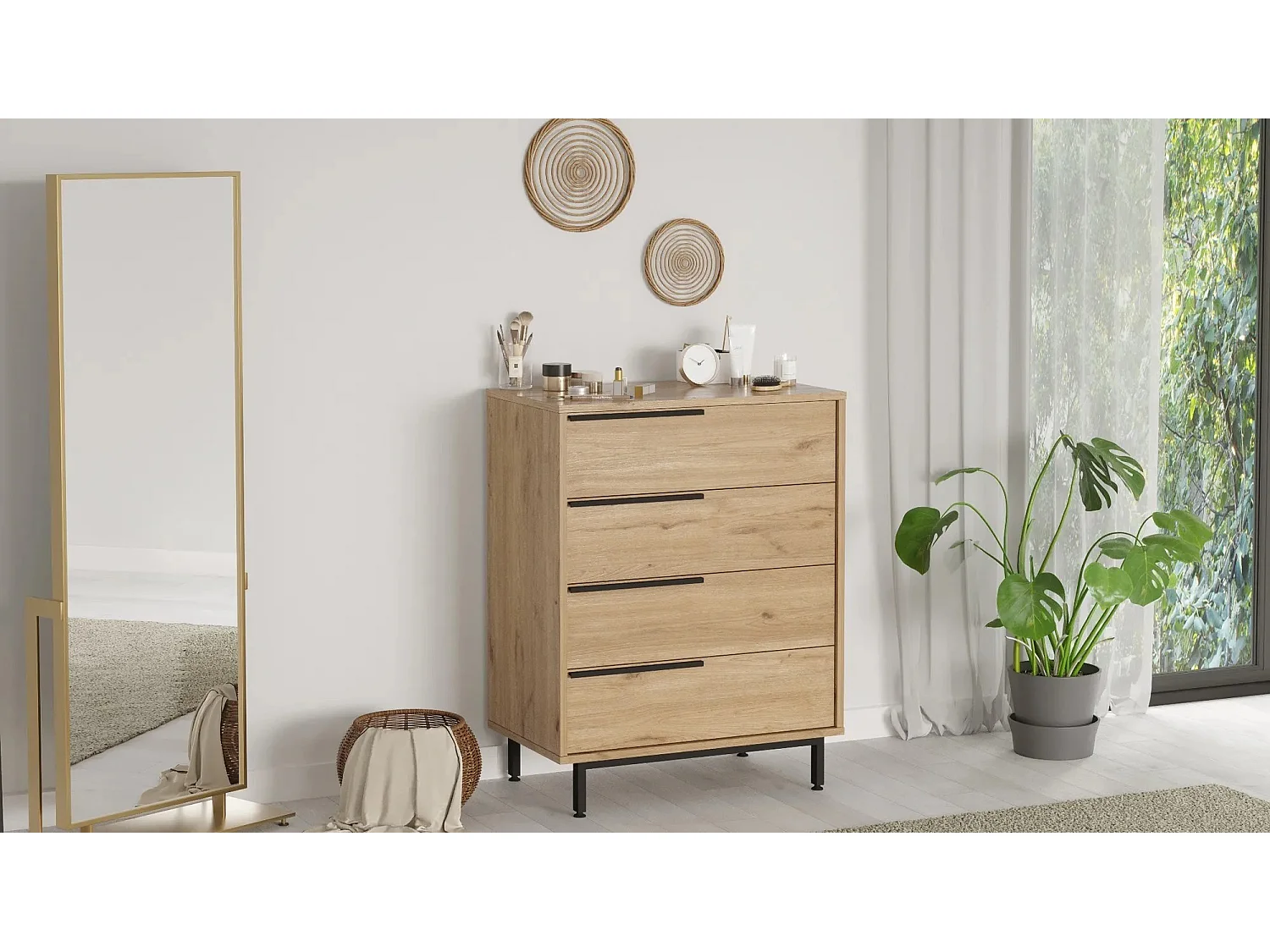 Commode 4 tiroirs bois et rotin Zenax 75cm-Couleur Chêne clair