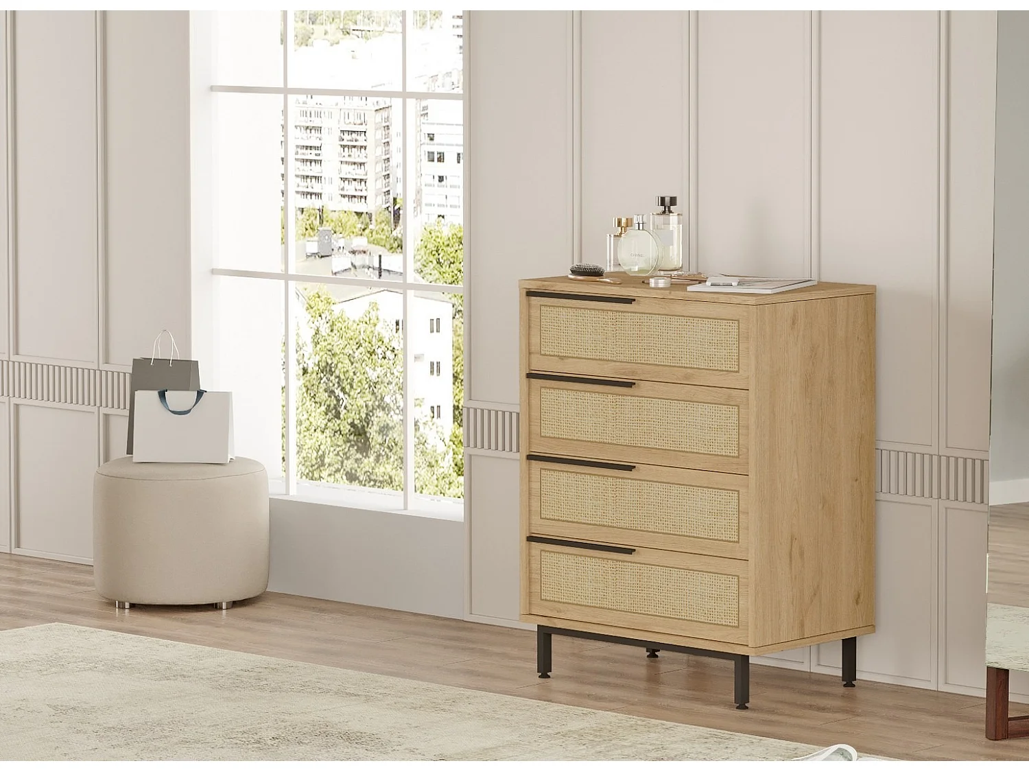 Commode 4 tiroirs bois et rotin Zenax 75cm-Couleur Chêne clair