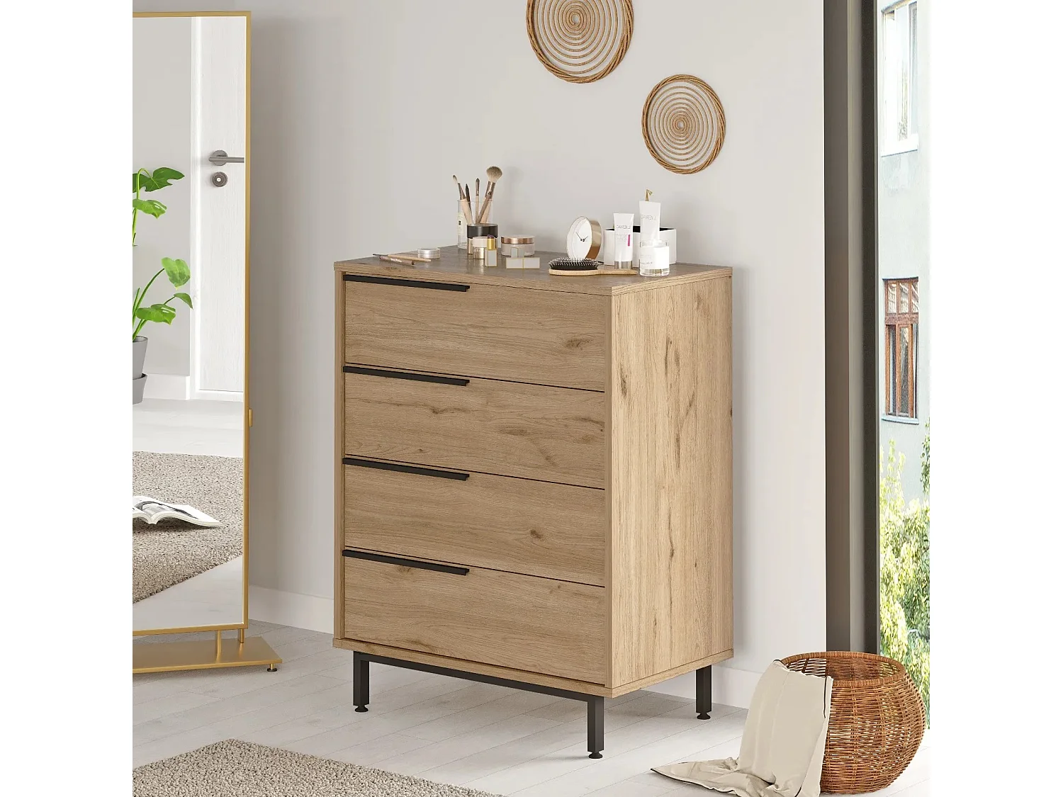 Commode 4 tiroirs bois et rotin Zenax 75cm-Couleur Chêne clair