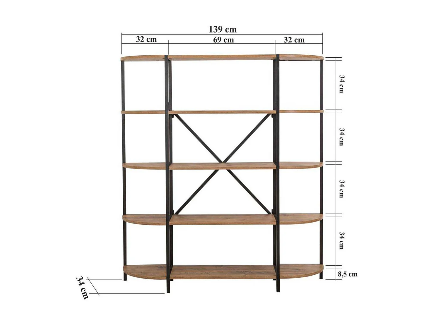 Estante de livros – 139 x 155 x 34 cm – Pinho Atlântico e Preto – Painel de partículas revestido a melamina