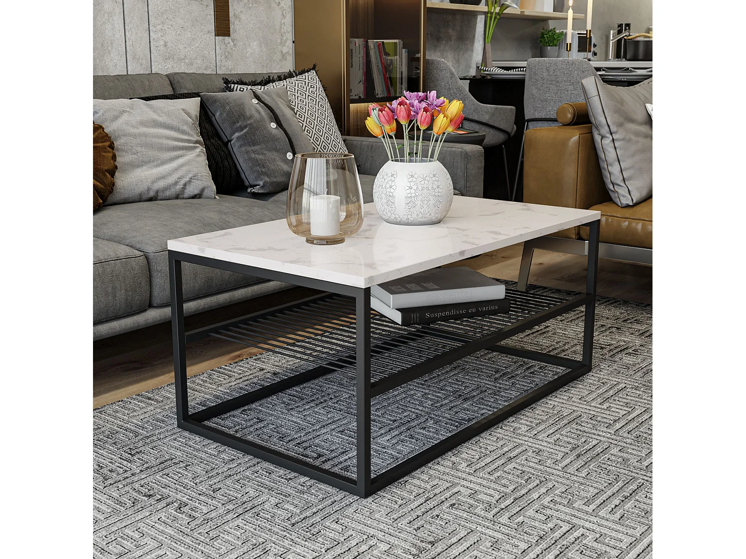 Table basse Cunha L95xP55cm Métal Noir et Bois Effet marbre Blanc