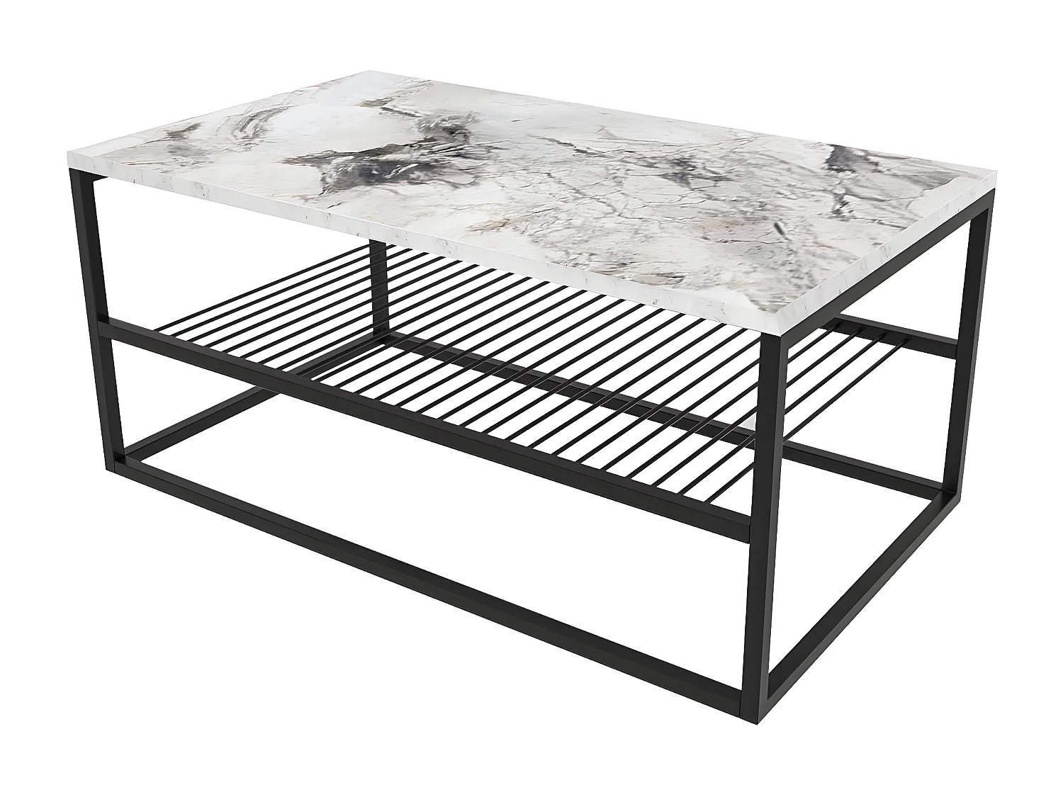 Table basse Cunha L95xP55cm Métal Noir et Bois Effet marbre Blanc