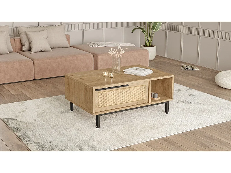 Table basse avec rangement Evelis L90cm Bois et Rotin clair