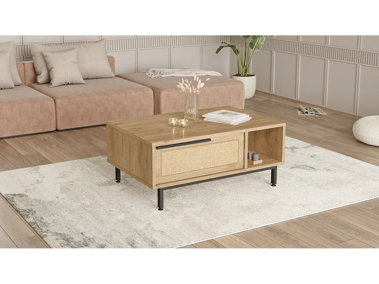 Table basse avec rangement Evelis L90cm Bois et Rotin clair