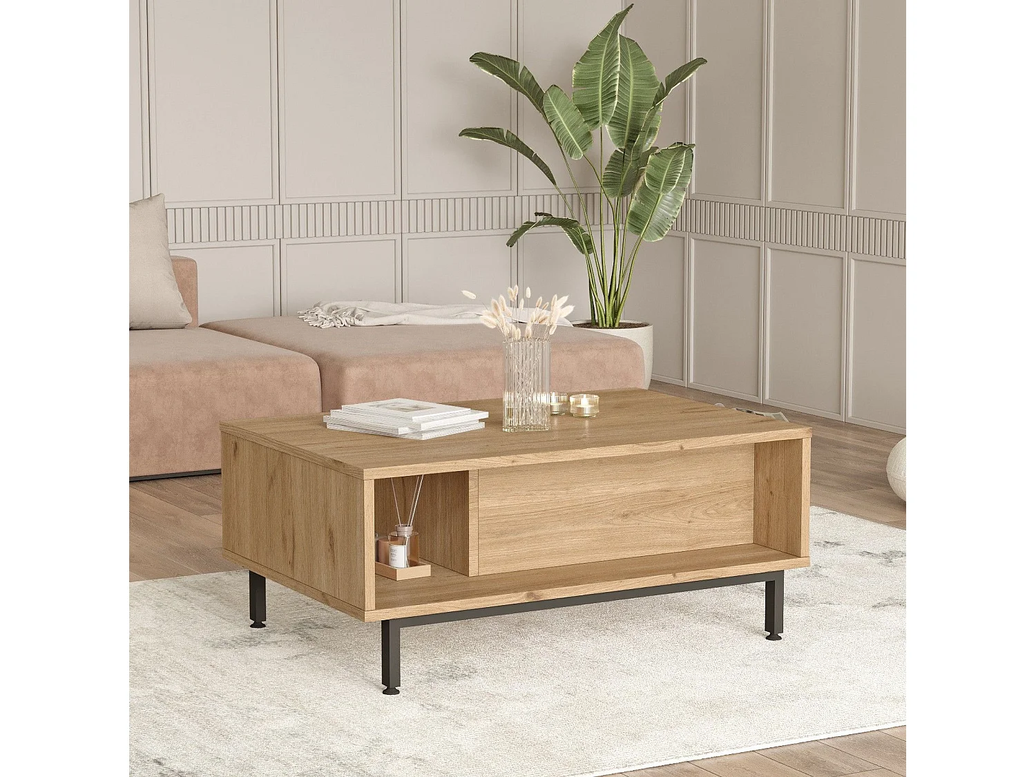 Table basse avec rangement Evelis L90cm Bois et Rotin clair