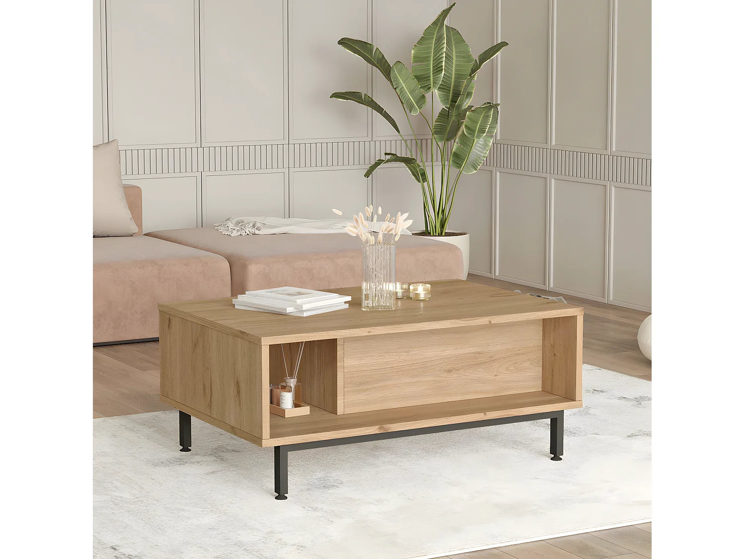 Table basse avec rangement Evelis L90cm Bois et Rotin clair