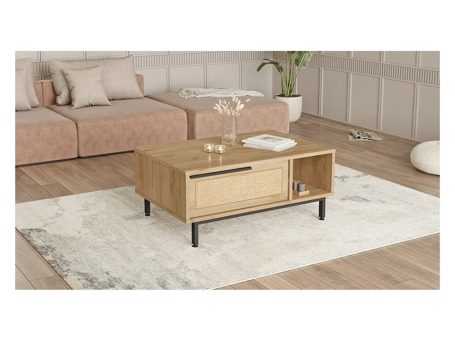 Mesa de café Kailua AE101, Roble, 38x60x90cm, Aglomerado laminado, Angular