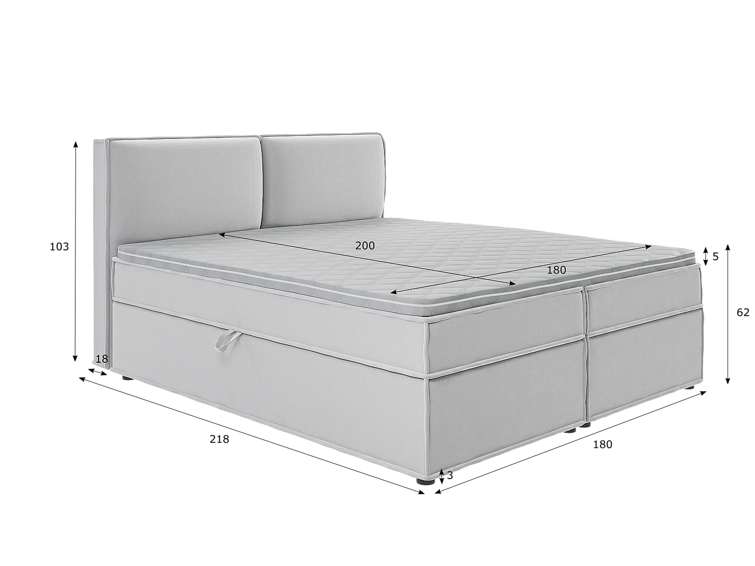 Dexter - Modernes Boxspringbett 180x200 mit Topper und Bettkästen aus Silber Luxusmicrofaser
